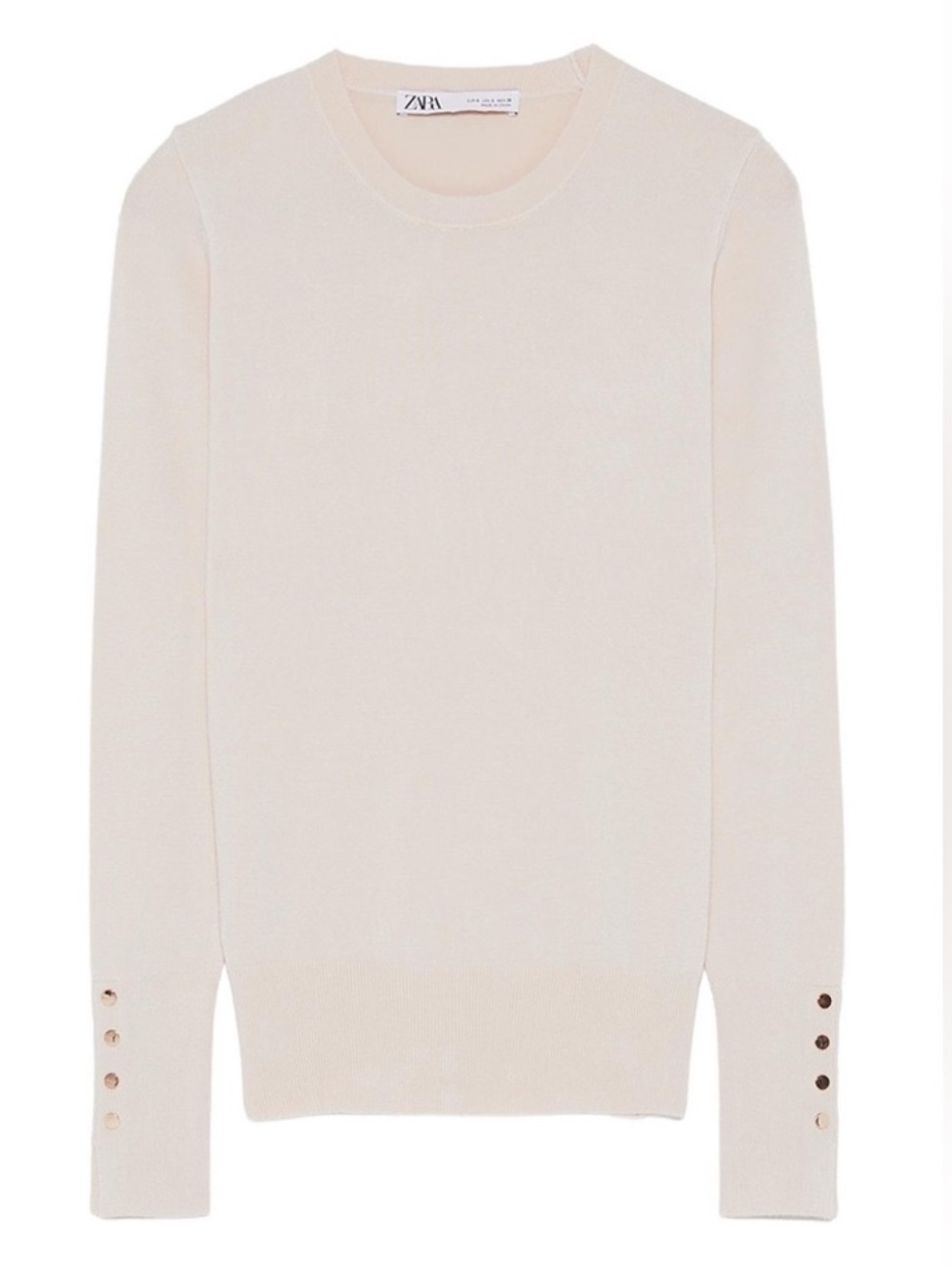 Zara Light Cream Crewneck Sweater with Button Sleeve Detail